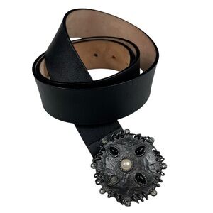 Garugieri Women's Black Leather Belt with Ornate Buckle Size XL Italian Mobwife